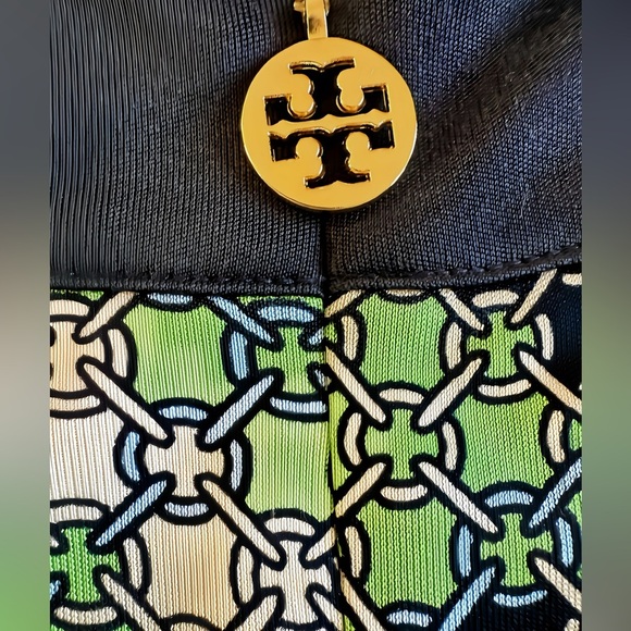 Tory Burch 100% Silk Dress M Navy Blue Green Chain Link Print Boat Neck Gold Zip - Picture 9 of 9